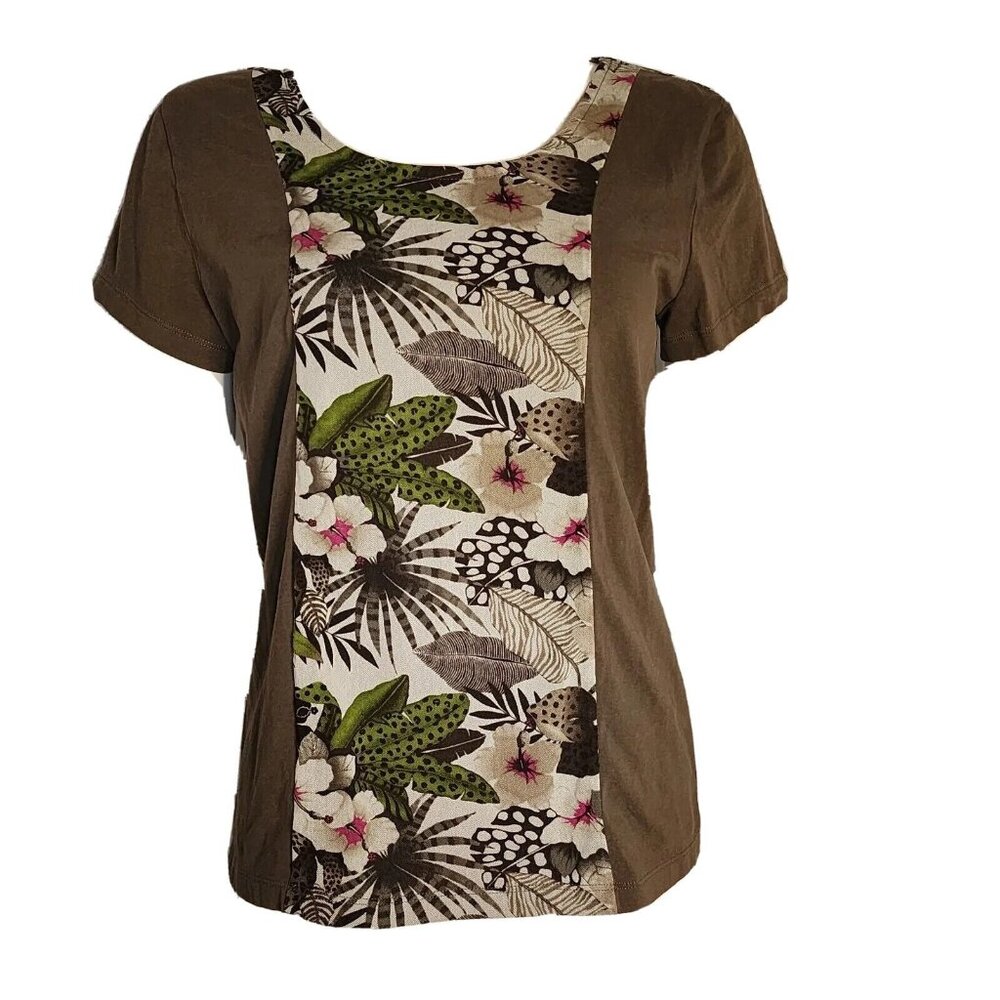 Christopher & Banks Top Womens Size M Medium Brown Floral Mesh Short‎ Sleeve